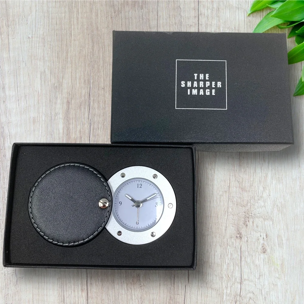NEW Sharper Image Leather Travel Alarm Clock Black Folding Case Quartz Portable